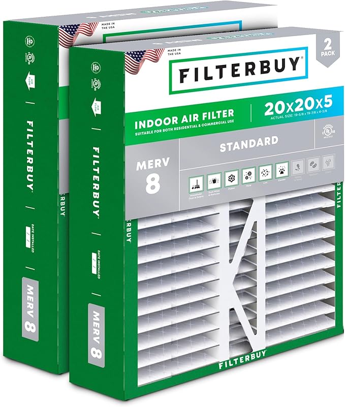 Filterbuy 20x20x5 Air Filter MERV 8 Essential Dust & Allergy Defense, Pleated