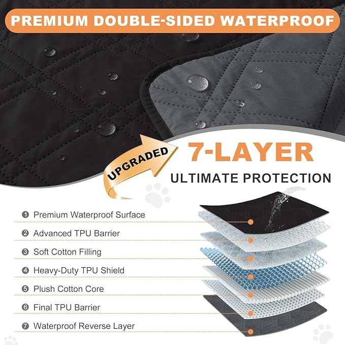 100% Waterproof Dog Couch Protector, Triple-Layer Waterproof Dog Bed Cover Pet Blanket Reversible 2-Tone Sofa Shield, Non-Slip Furniture Guard for Pets(42×50 Inch, Black+Blackish Gray)