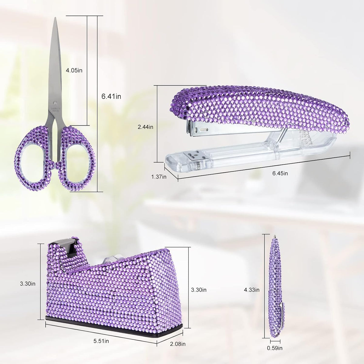 Office Stationery Set,Desk Accessory Kit, Home Office Necessary- Stapler & Desktop Tape Dispenser & Ballpoint Pens & Scissor 4 Piece Office Desk Accessories Kits (Purple)