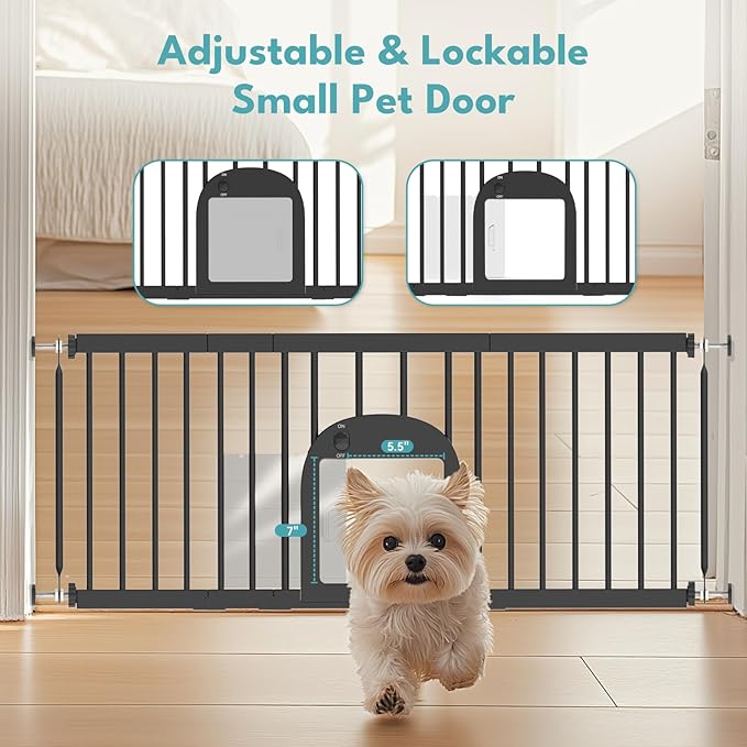 No Pawblems Dog Gate with Small Pet Door, 16"-42.7" Adjustable Metal Short Dog Gate to Step Over, 16.5" Tall, with 3 Extension Kits, Pressure Mounted, for Doorways & Stairs, Black