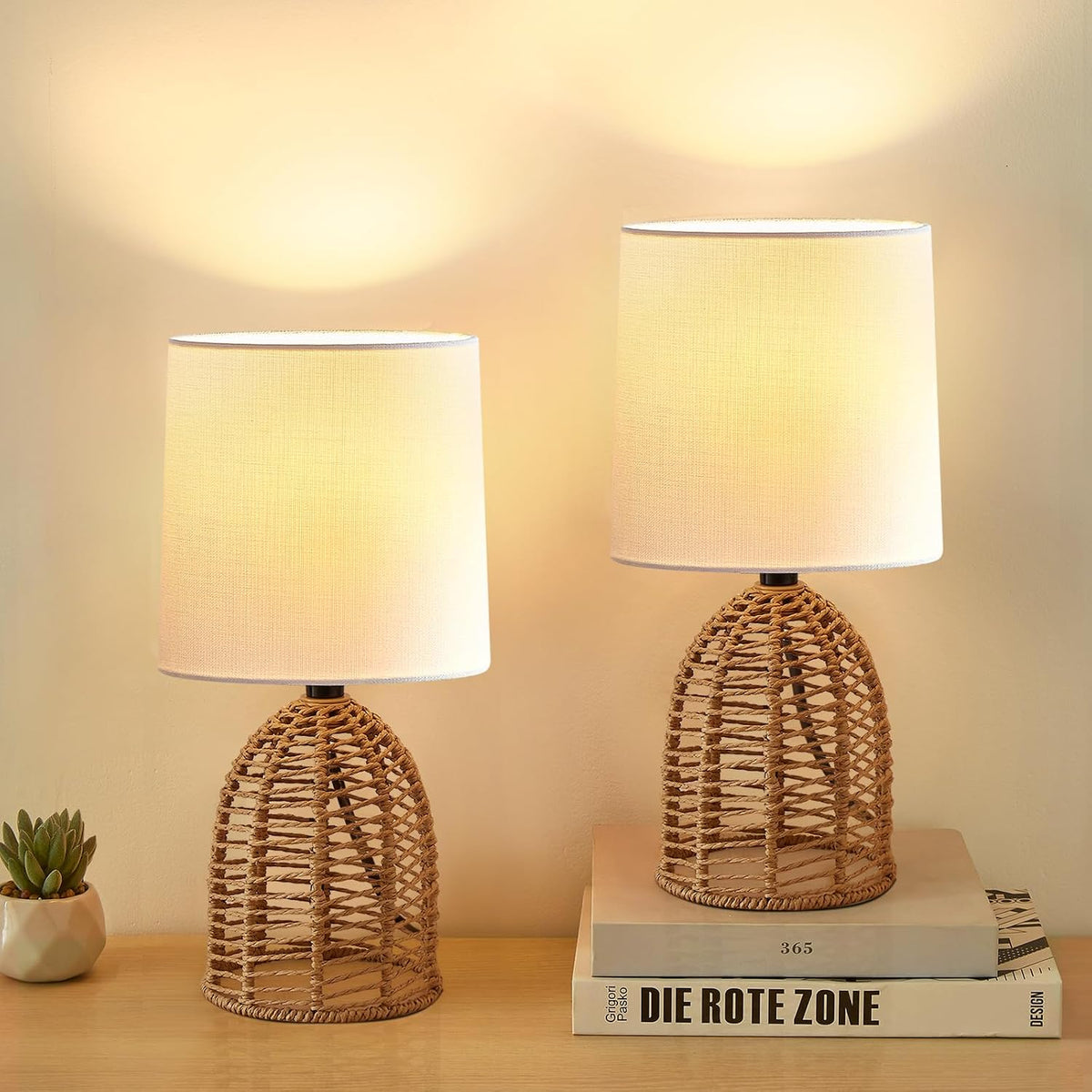 EJIAXIN Rattan Lamp Boho Lamps Set of 2-13.75" Mini Farmhouse Table Lamp Rustic End Table Decorative Small Lamps for Small Spaces Bedroom Nightstand Living Room Reading Desk Side Table Lamp