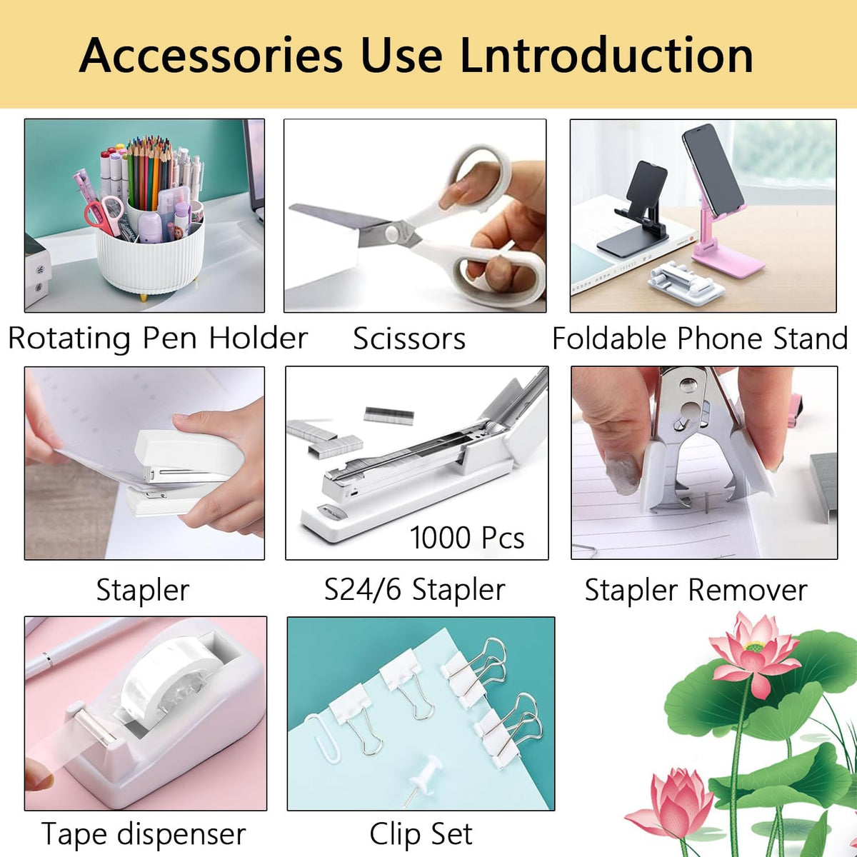 Office Supplies,Desk Accessories,Desk Organizer,Stapler,Tape Dispenser,Folding Phone Holder,Scissors,Notebook,Staple Remover,Staples,Clear Tape,Sticky Notes,Paper Clips,Bookmark,Pen,Pen pals Ect.27pcs