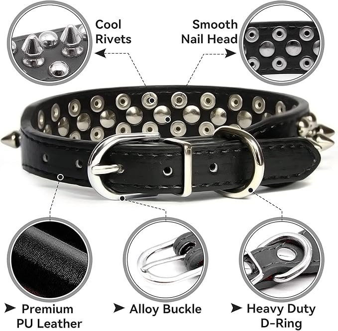 Spiked Dog Collar Soft Pu Leather Mushrooms Rivet Spike Studded Puppy Adjustable Pet Collars for Small Breeds (L, Purple)