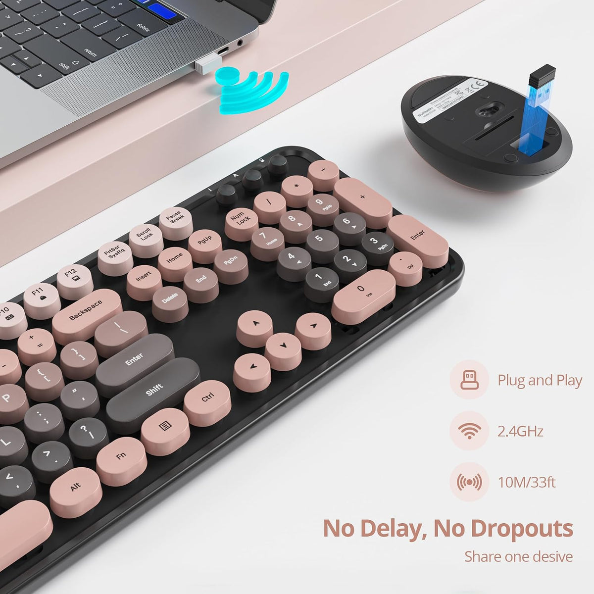 Wireless Keyboard and Mouse Set, Retro Typewriter Black Pink