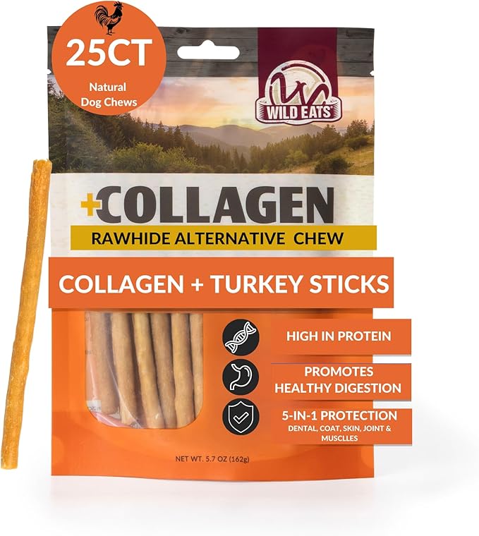 Wild Eats Turkey Collagen Sticks for Dogs (25 Pack, 0.6 cm Wide) Long Lasting Dog Chews No Hide Dog Treat Bully Stick Alternative, Rawhide Free, Grain Free, High Protein