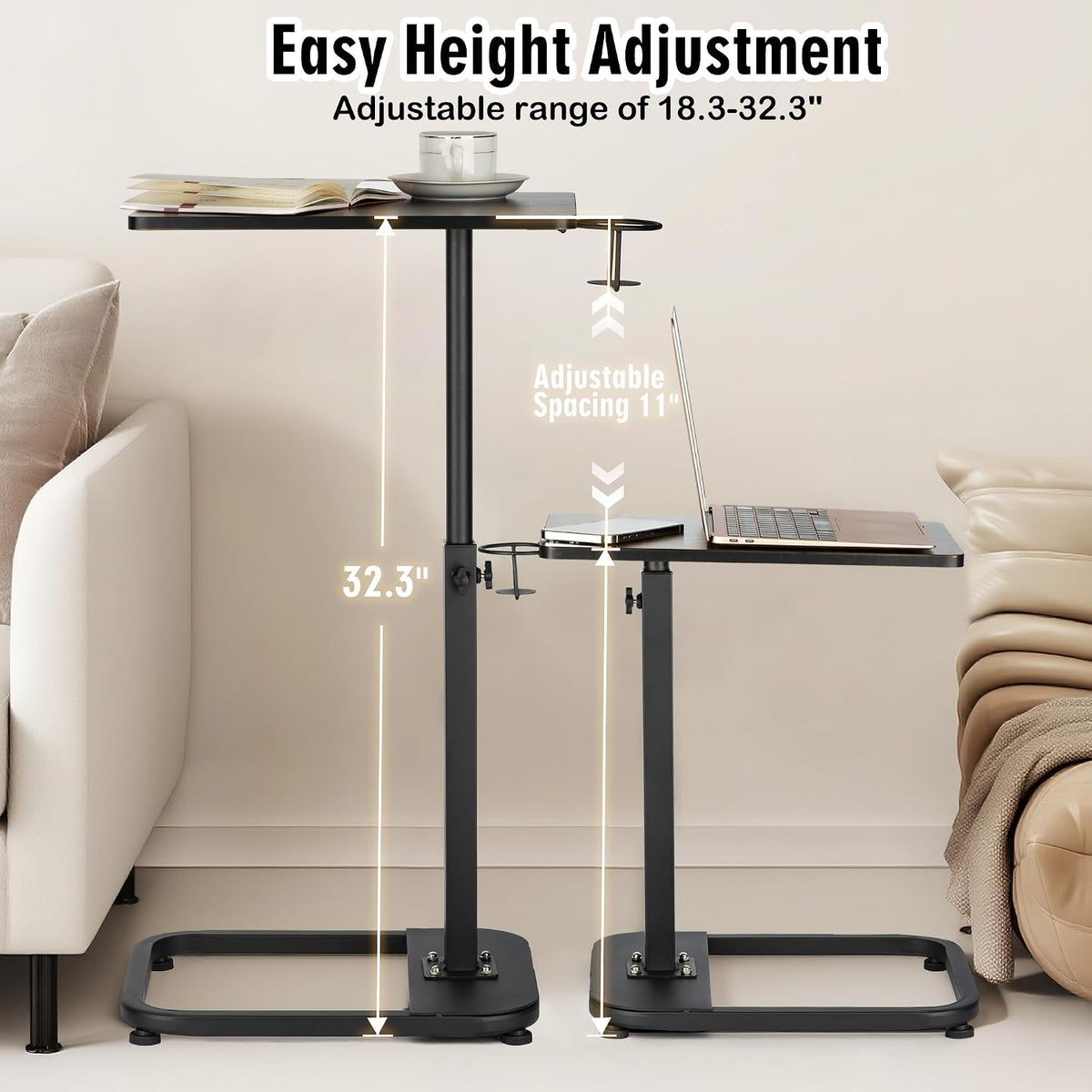 facka Adjustable C-Shaped TV Tray Table 18-32 Inch Height Couch Table