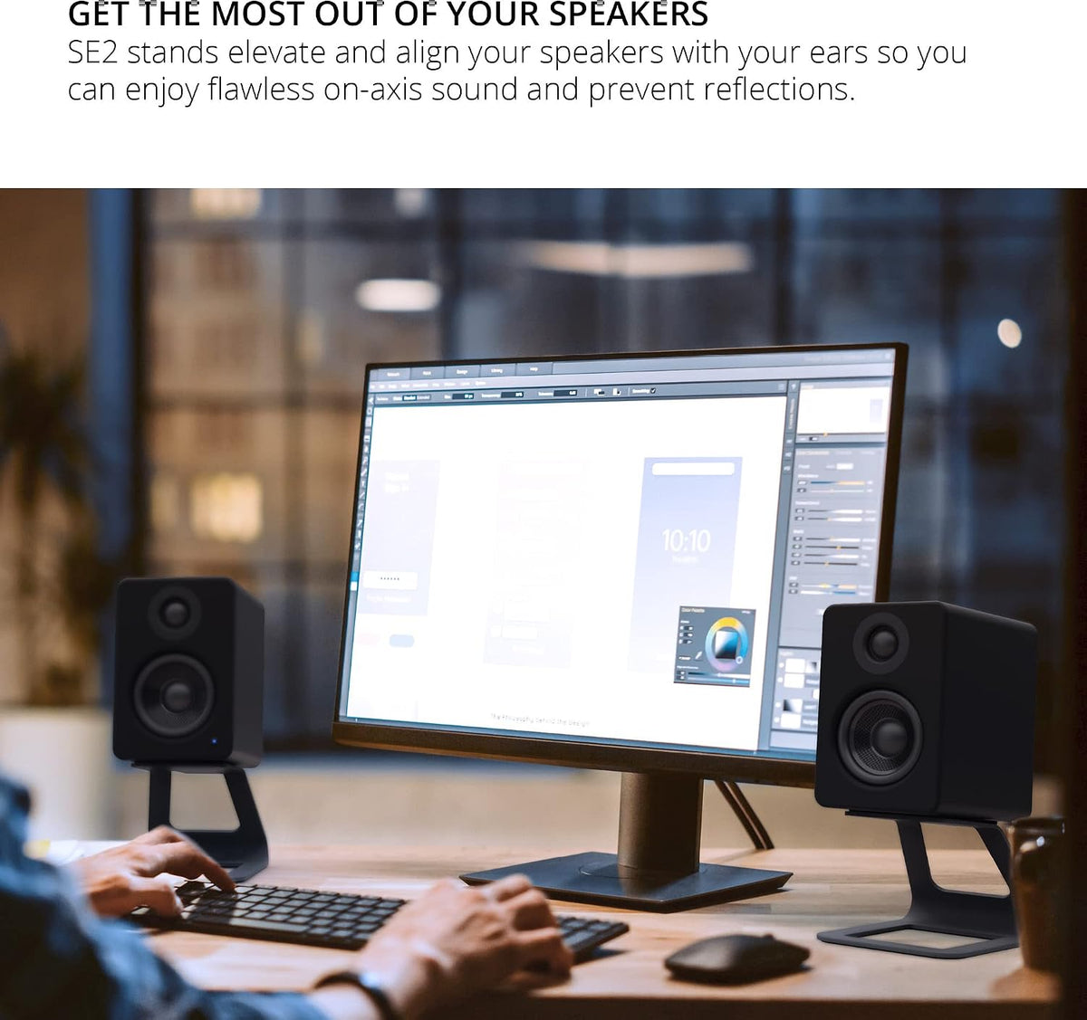 Kanto SE2 Elevated Desktop Speaker Stands for Small Speakers & Compact 2”-3” Studio Monitors - 3.8” Tall - Supports 7.1 lbs - Damping 1.5 mm Silicone Padding - Pair - Black - Pair