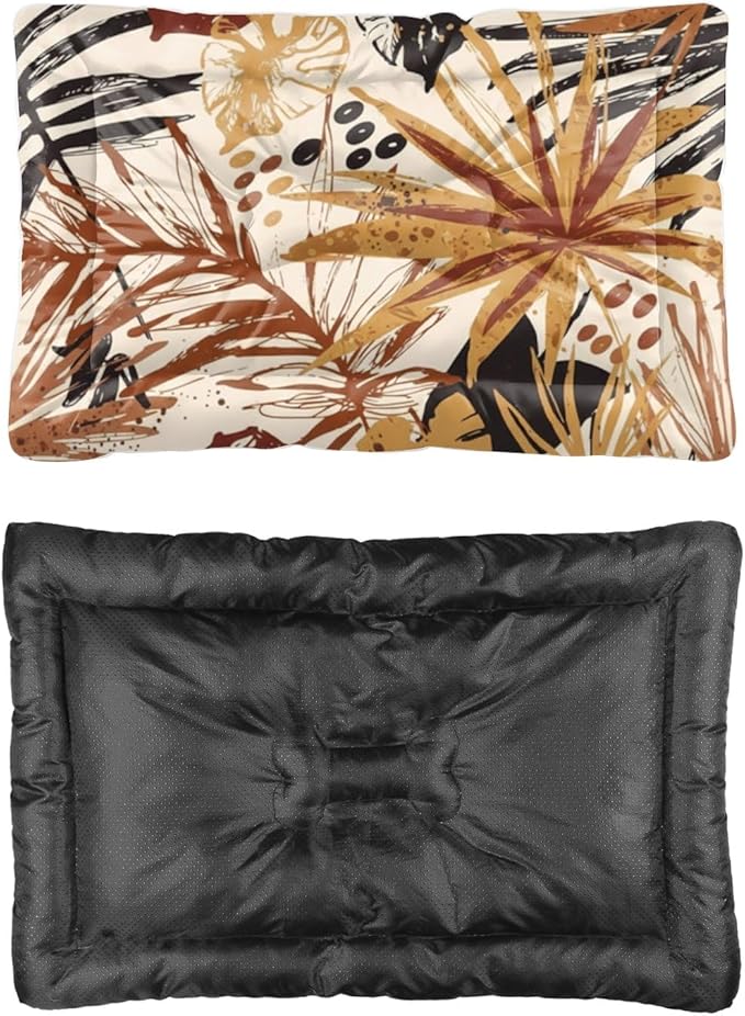 Modern Brown Tropical Leaves Dog Beds and Furniture Dog Mat for Crate Cat Crate Pad Pillow for Washable Non-Slip Accessories Dogs Beds Medium Dogs Mattress Pad Pillow Indoor Outdoor 24X18 Inch
