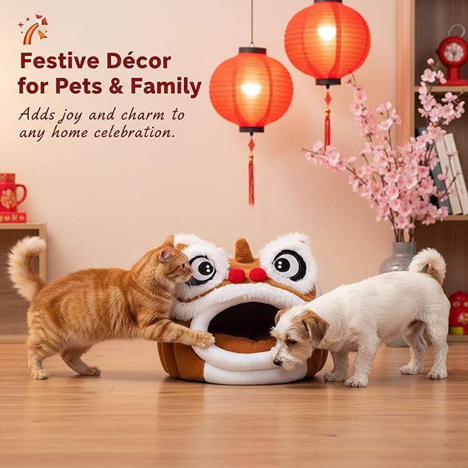 Cute Lion Head Pet Beds for Cats, Chinese Lion Dance Lion Cats Bed, Soft Cozy Plush Cat House & Dog Cave with Cushion for Small Medium Cats Dogs (Brown,M)