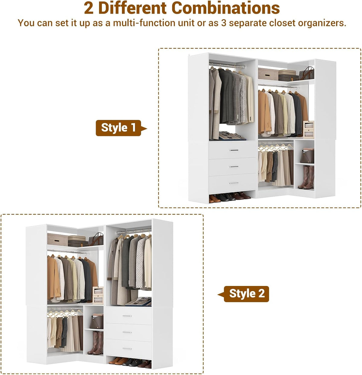Aheaplus Closet System with 3 Drawers, L-Shaped Closet, Set of 2, White