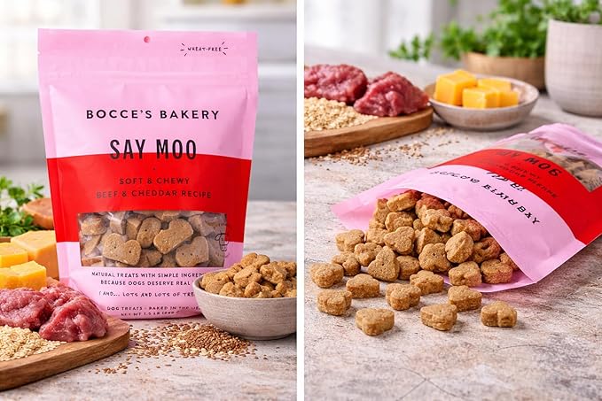 Say Moo Dog Treats. Bocces Bakery. Soft & Chewy Beef & Cheddar Recipe. 1.5 lb.