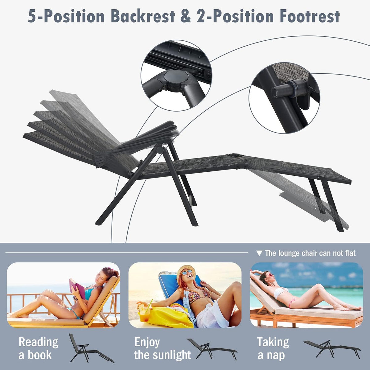 Tangkula Folding Lounge Chair Outdoor, Recliner Chaise Lounge with 5-Position Adjustable Backrest & 2-Position Footrest, No Assembly Required, Suitable for Patio Poolside Beach Yard (1, Grey)