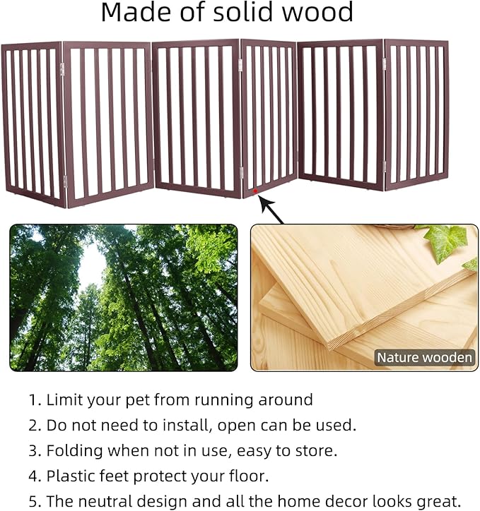 ZJSF Freestanding Indoor Dog Gate for House Foldable Wood Brown Puppy Gate for Doorways Pet Gate for Stairs Extra Wide Pet Fence 32" Height 6 Panels