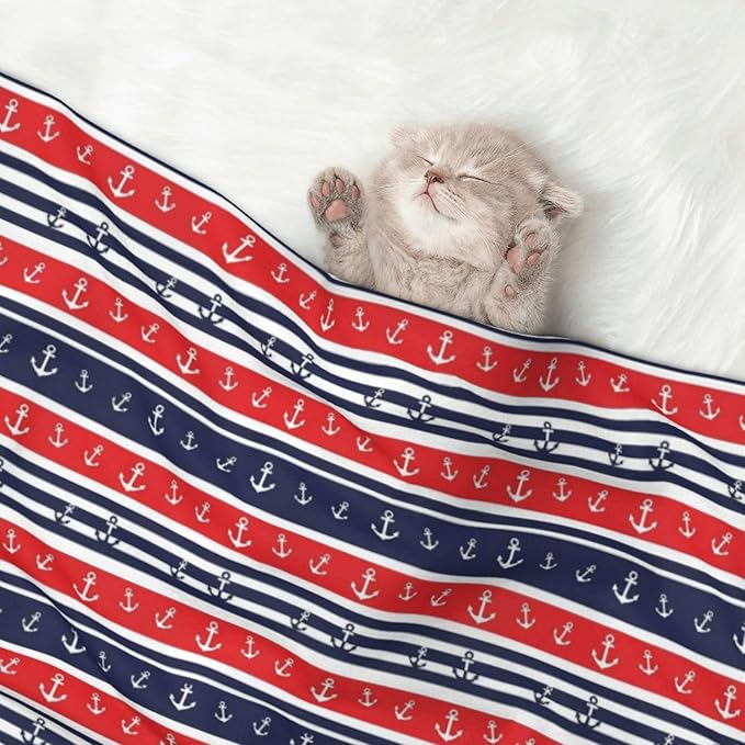 Double Sided Pet Bed Blanket for Added Cushion Warmth, Nautical Anchor Seamless Pattern Blue and Red Stripe, Reversible Cover with Textured Dot Surface for Existing Beds Standalone Mat