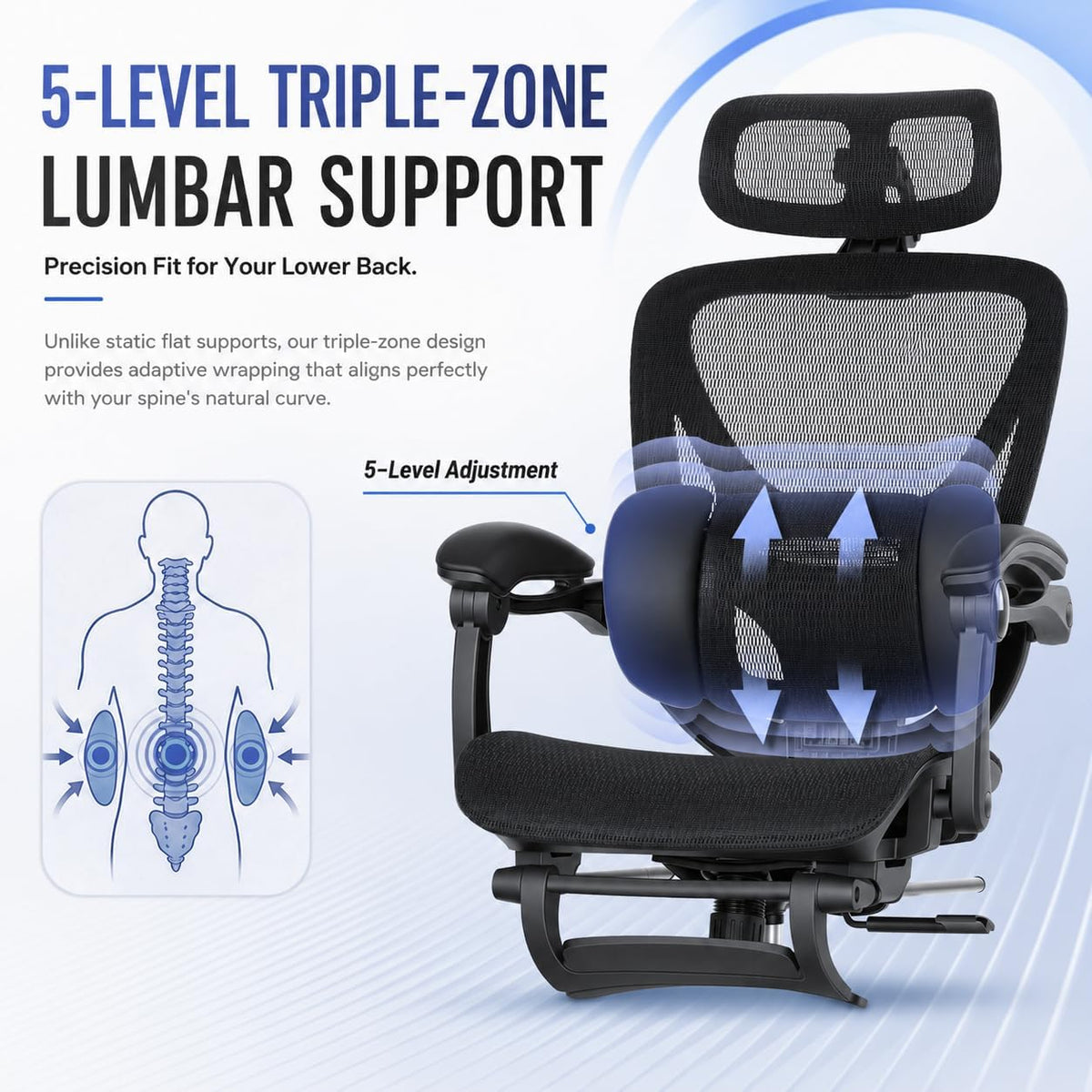 MALOL Ergonomic Mesh Office Chair with Footrest, High Back Desk Chair with 5-Level Adjustable Lumbar Support, 3D Headrest, 130° Reclining Backrest, Adaptive Armrests, Home Office Computer Chair, Black