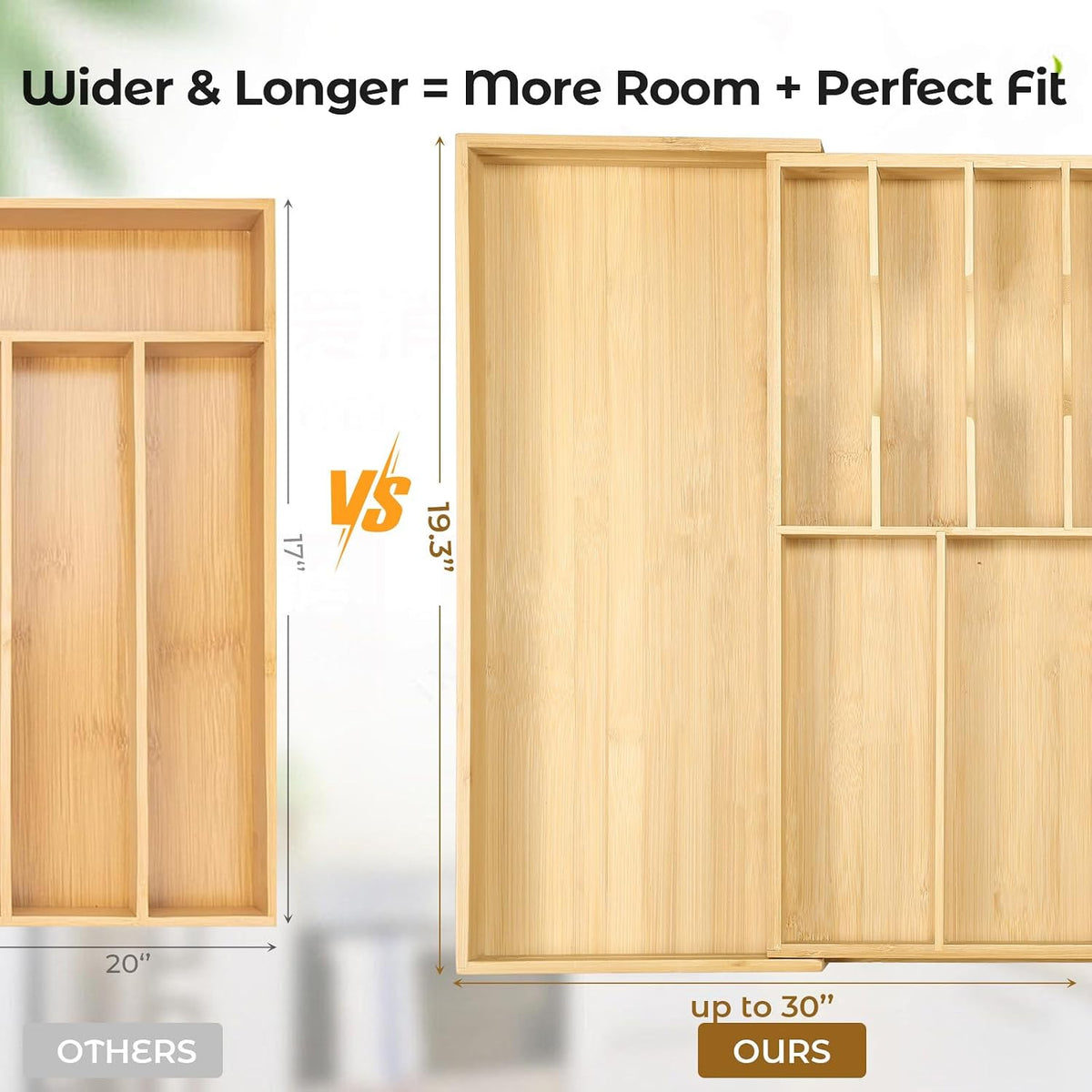 Fabsome Silverware Organizer for Cabinet Drawer, Expandable from 16.7'' to 30'' Wide Bamboo Wood Flatware Tray for Large Kitchen Drawers, Cutlery Utensil Holder