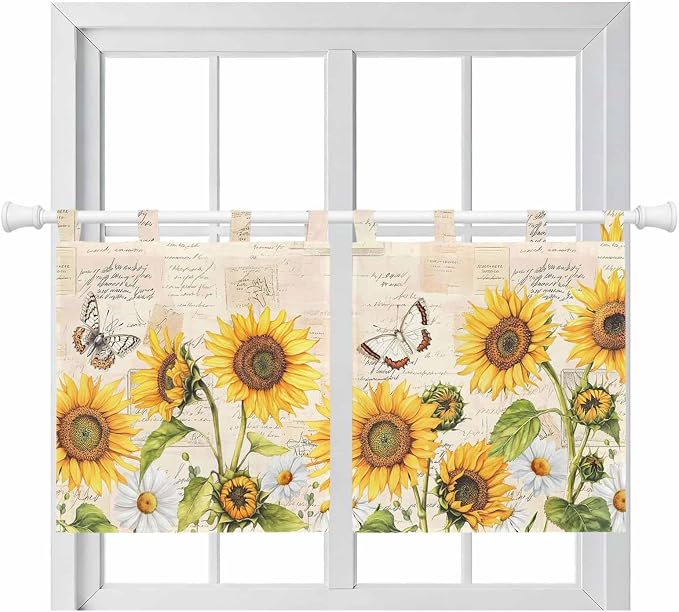 Yellow Sunflowers Kitchen Curtains 36 Inch Length, Small Window Curtains Tab Top
