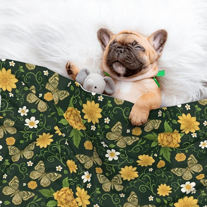 Double Sided Plush Pet Blanket for Small Large Animals, Gold Flowers with Butterfly, Reversible Throw with Dimpled Dot Side and Flat Side for Kennels Living Rooms
