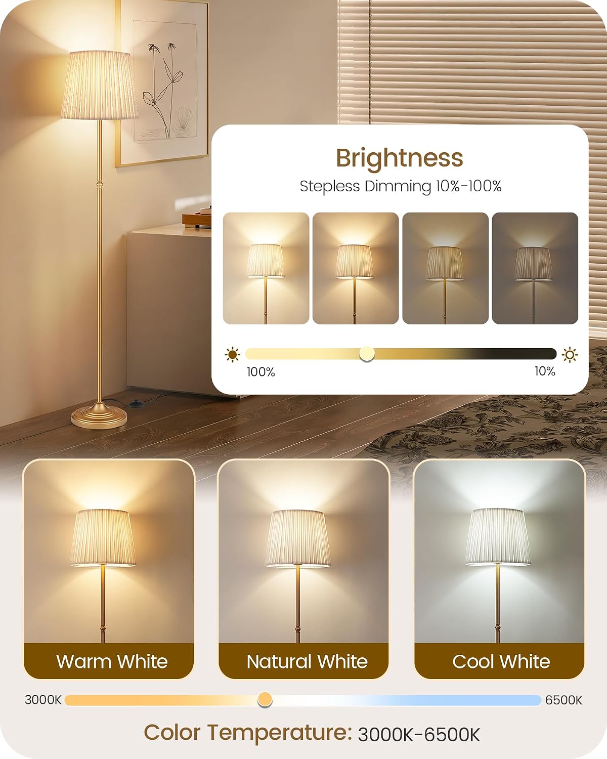 Dimmable Floor Lamp for Living Room, 68" Tall Standing Lamp, Reading Light with Remote & Foot Pedal, 10W LED Bulb (3000K-6500K) Included, FCC Listed, Reinforced Base, Gold and White DW12LD05