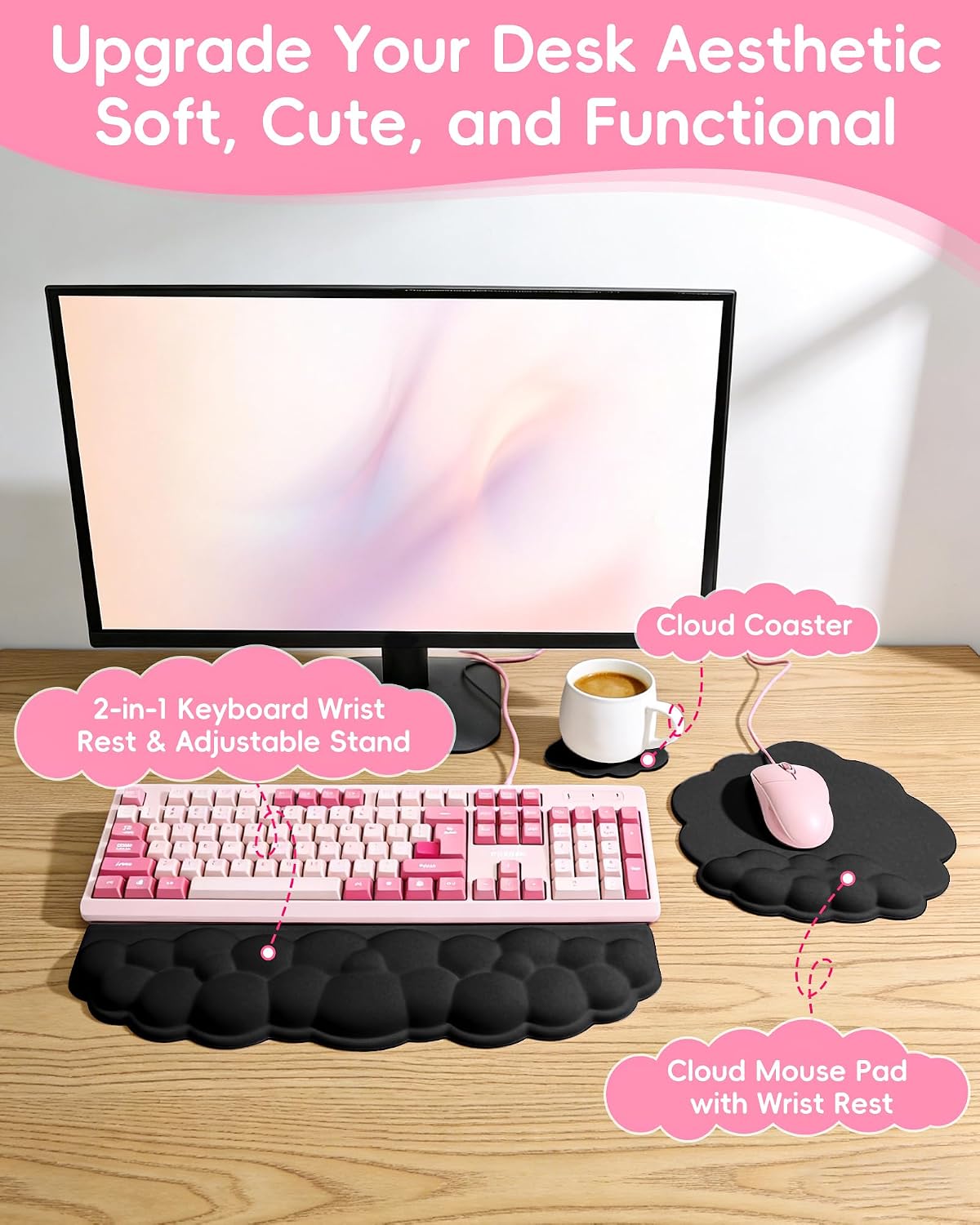 Ergonomic Cloud Wrist Rest Set for Keyboard and Mouse, Black