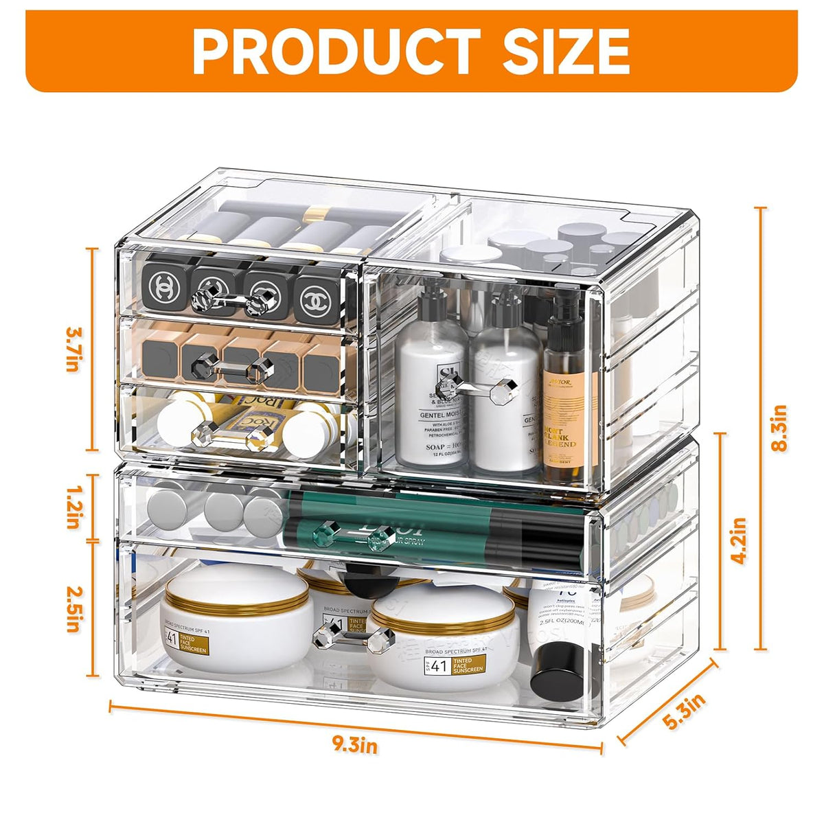 Cq acrylic 2 Pack Clear Desk Organizer With Drawers,Stackable 6 Drawers Skincare Organizer,Cute Skin Care Organizers for Vanity Hair Clip,Jewelry,Beauty Product Desk and Makeup Organizers Countertop