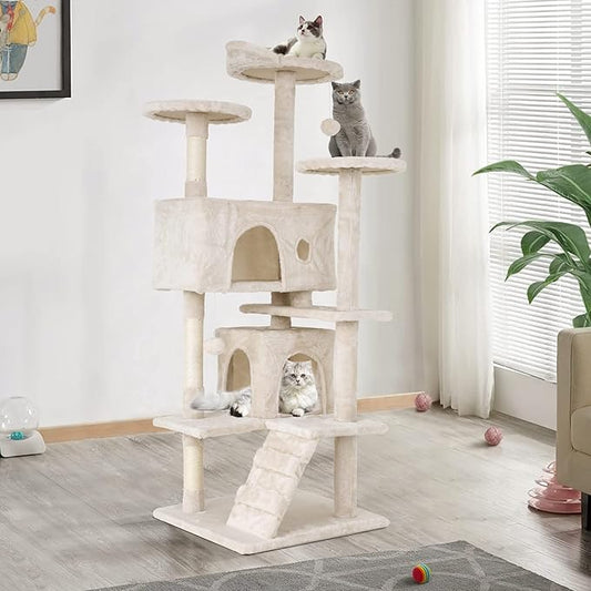 Heavy Duty Cat Tree Tower, 54" Tall Cat Tower for Indoor Cats with Cat Scratching Post with Bed, Cat Condo, Hanging Ball, Multi-Level Cat Climbing Tower Cat Trees Furniture Activity Center, Beige
