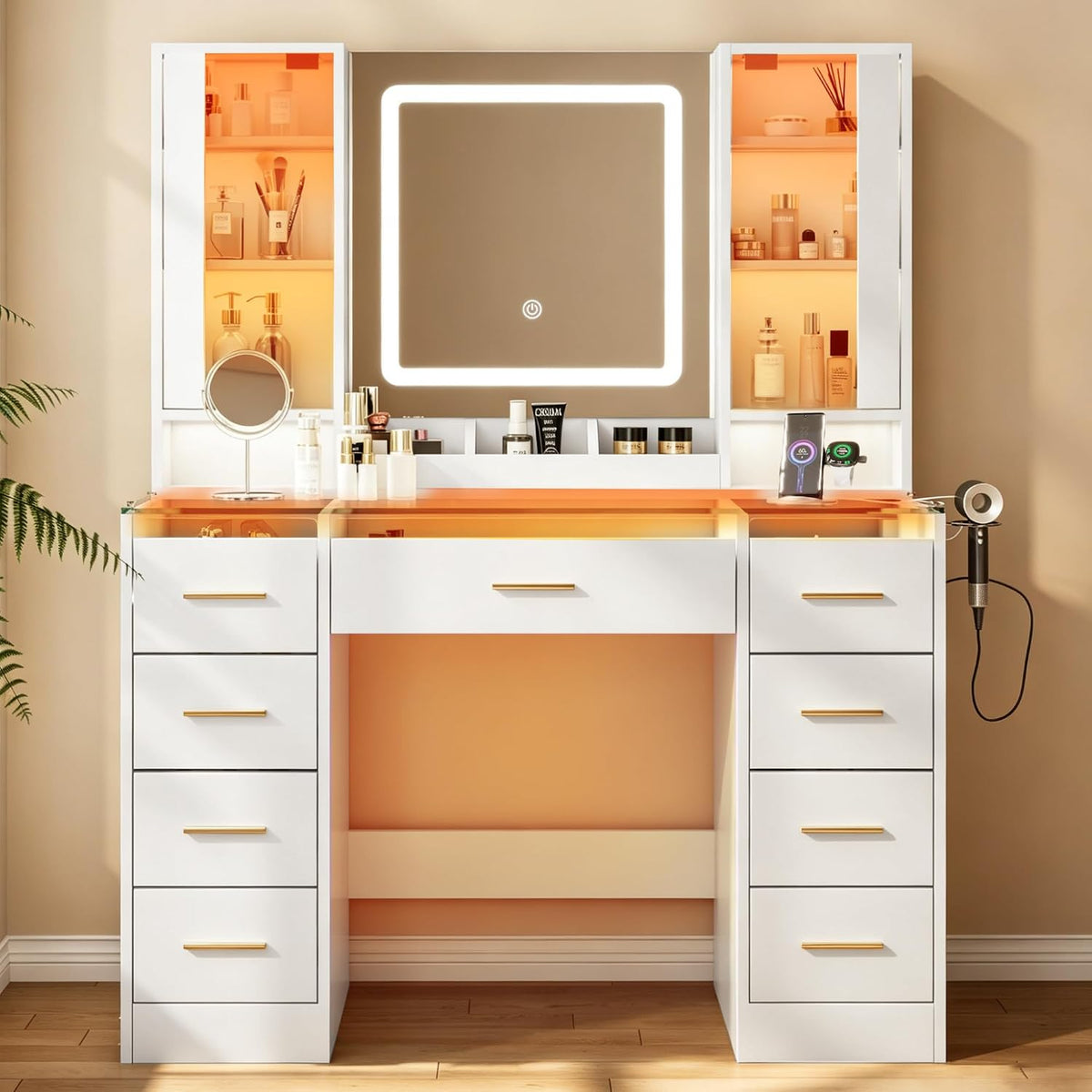 Vanity Desk with Mirror and Lights, 43" Large Makeup Vanity with Glass Top