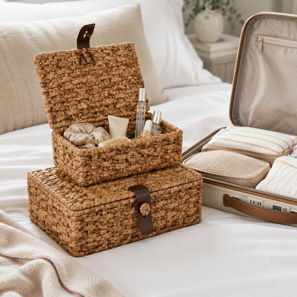 2Pcs Decorative Box, Wicker Basket with Lid, Water Hyacinth Basket for Home