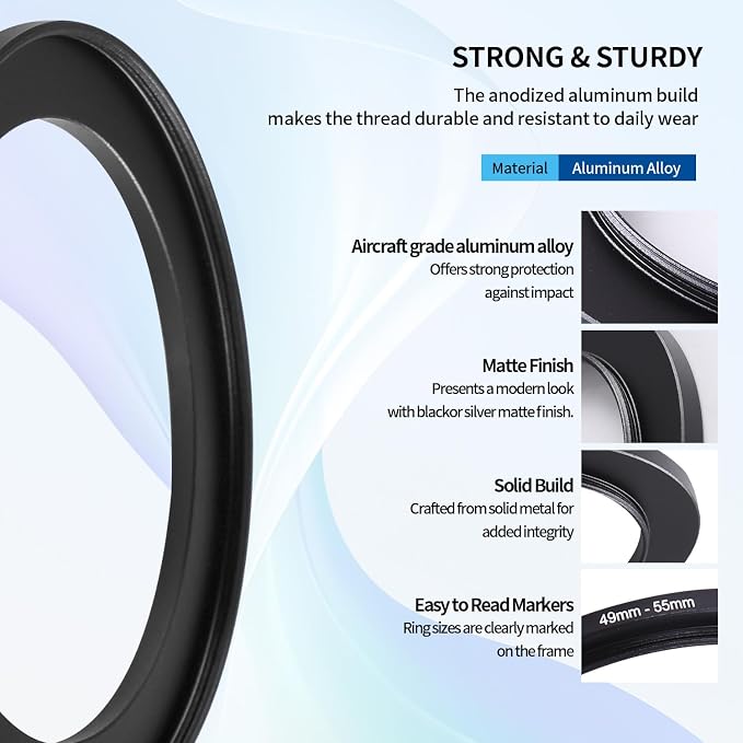 49-55mm Step-Up Ring Adapter, 49mm to 55mm Step Up Filter Ring