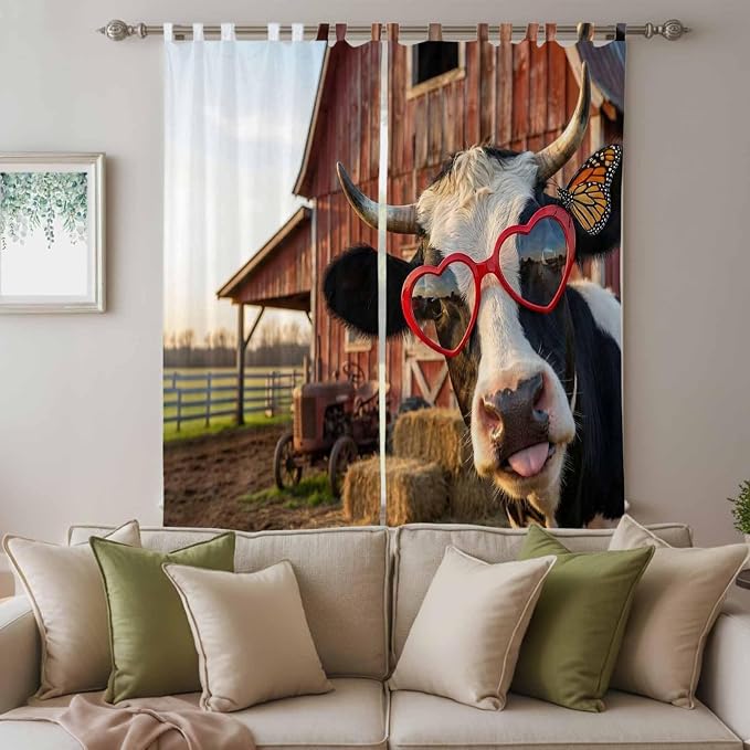 Farm Cows Living Room Curtains 84 Inch Length, Window Curtains Tab Top