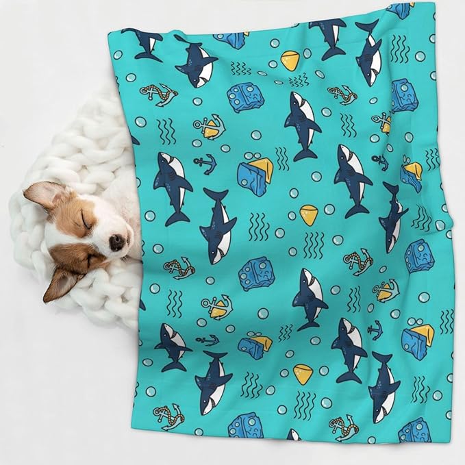 Double Sided Pet Bed Blanket for Added Cushion Warmth, Cute Shark and Anchor, Reversible Cover with Textured Dot Surface for Existing Beds Standalone Mat