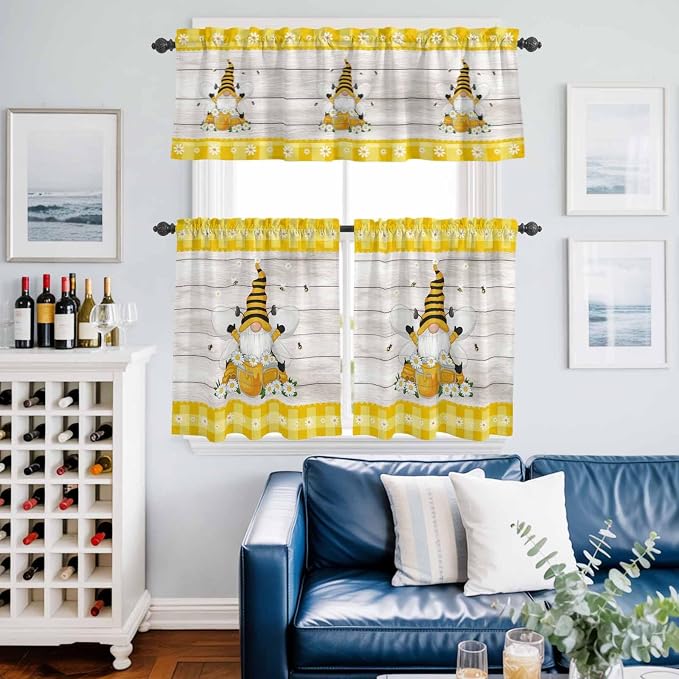Yellow Gnomes Kitchen Curtains Set 3 Piece