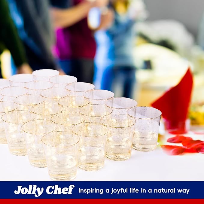 JOLLY CHEF 14 oz 50 Pack Gold Plastic Cups, Disposable Gold Glitter Plastic