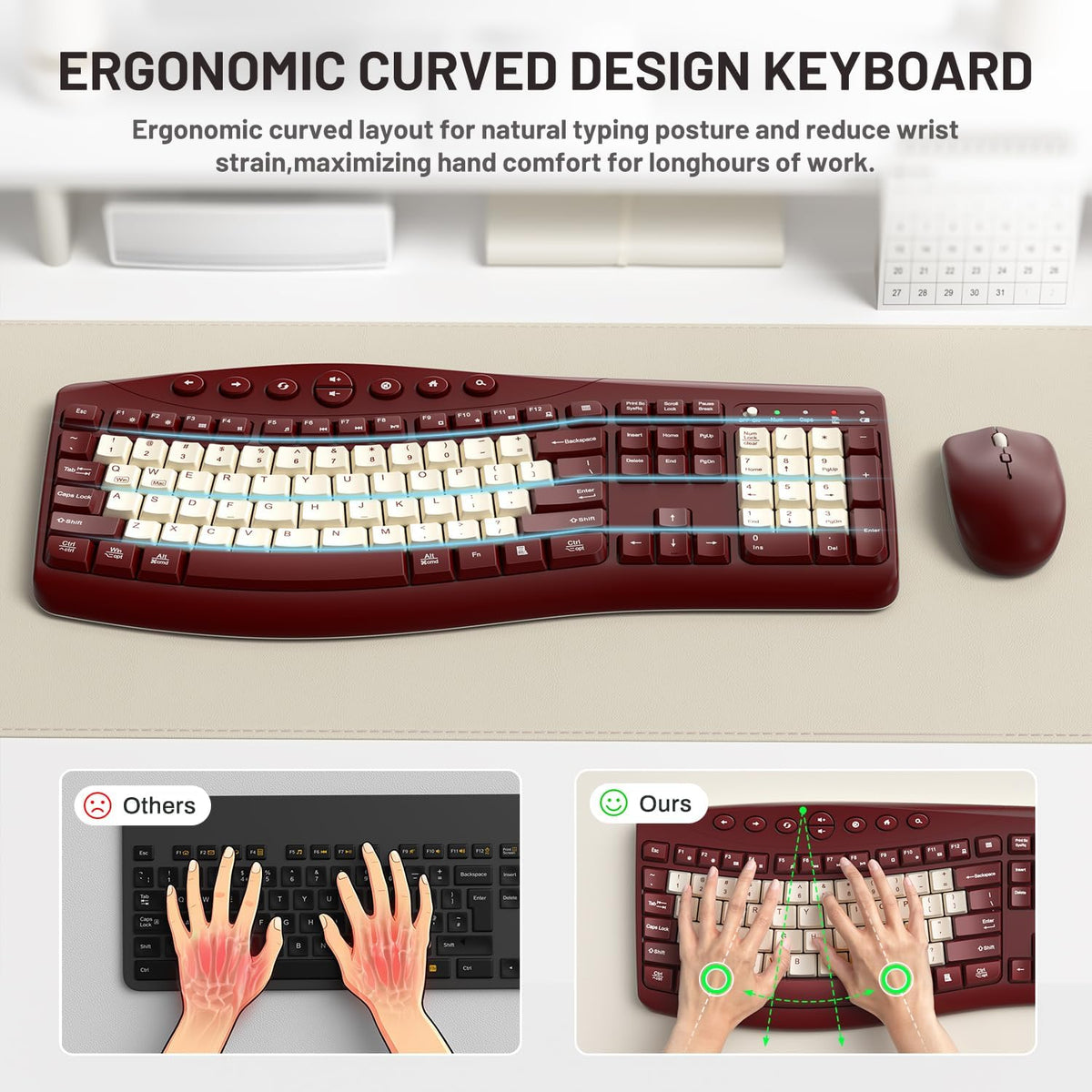 Wireless Keyboard and Mouse Combo Silent Ergonomic Curved Design for Office