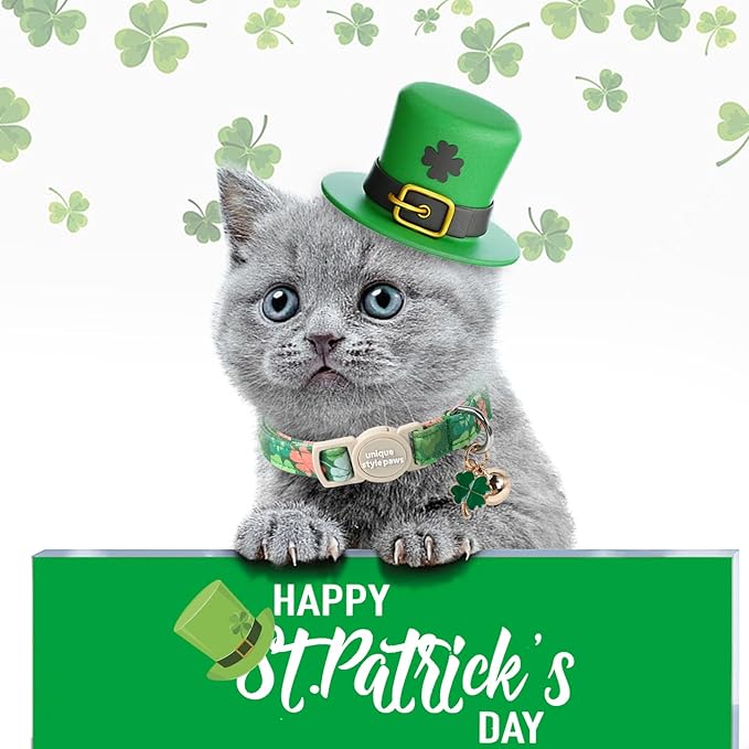 Unique Style Paws Saint Patrick Day Cat Collar,Trefoil Cat Collars,Green Kitten Collar Breakaway Buckle,Adjustable St. Patrick Day Puppy Collar,Ideal Gift for Boy Girl Cats