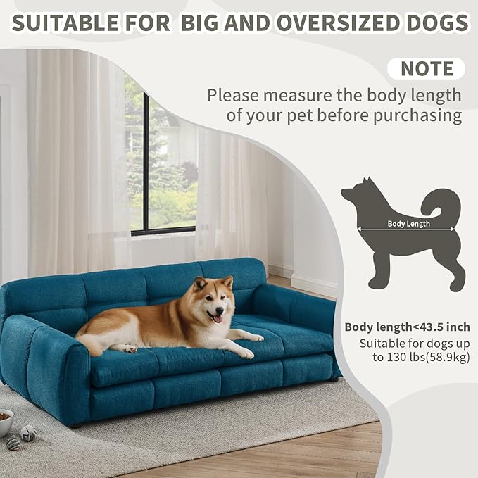 51" Soft and Comfortable Pet Bed for Large and Oversized Dogs, Durable Elevated Dog Sofa with Armrest and Backrest, Modern Linen Fabric Dog Couch, Dark Blue