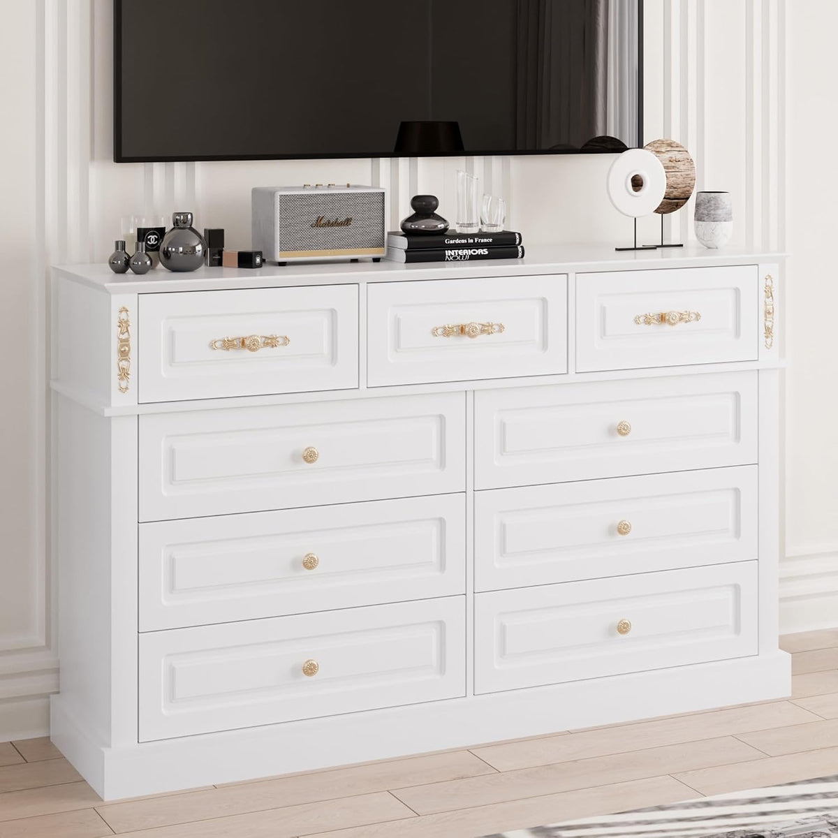 Bobve 63Wx39H Large Dresser White,9 Drawers Dresser for Bedroom,Retro Chest of Drawers with Gold Knobs, Wooden Storage Dressers, Bedroom Storage Organizer for Closet, Living Room, Hallway