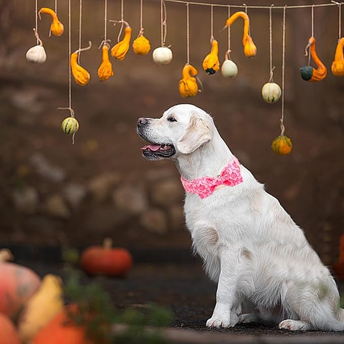 Dog Collar, Pink Pumpkin Print Adjustable Pet Collar Cute Cotton Soft Collars with Bow Tie Fall Metal Buckle Holiday Puppy Collars Boy&Girl Gift for Small Dogs