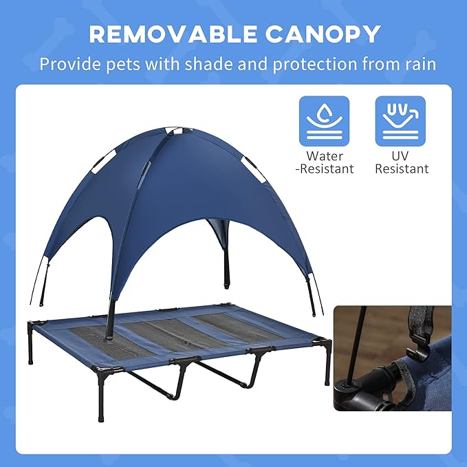 PawHut Elevated Dog Bed with Canopy, Portable Raised Dog Cot for XL Sized Dogs, Indoor & Outdoor, 48" x 36" x 43", Dark Blue