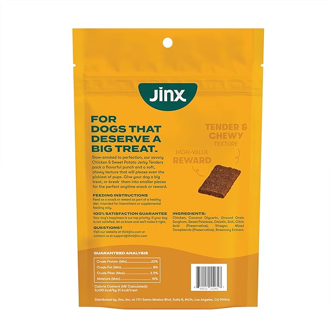 Jinx Tenders Chicken Jerky Dog Treats, All Natural Ingredients, Soft & Chewy, Low-Calorie, Slow-Smoked Chicken & Sweet Potato, No Fillers, 5oz, 6 Pack