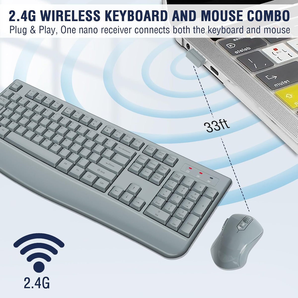 EDJO Wireless Keyboard and Mouse Combo, USB Plug & Play (Grey)
