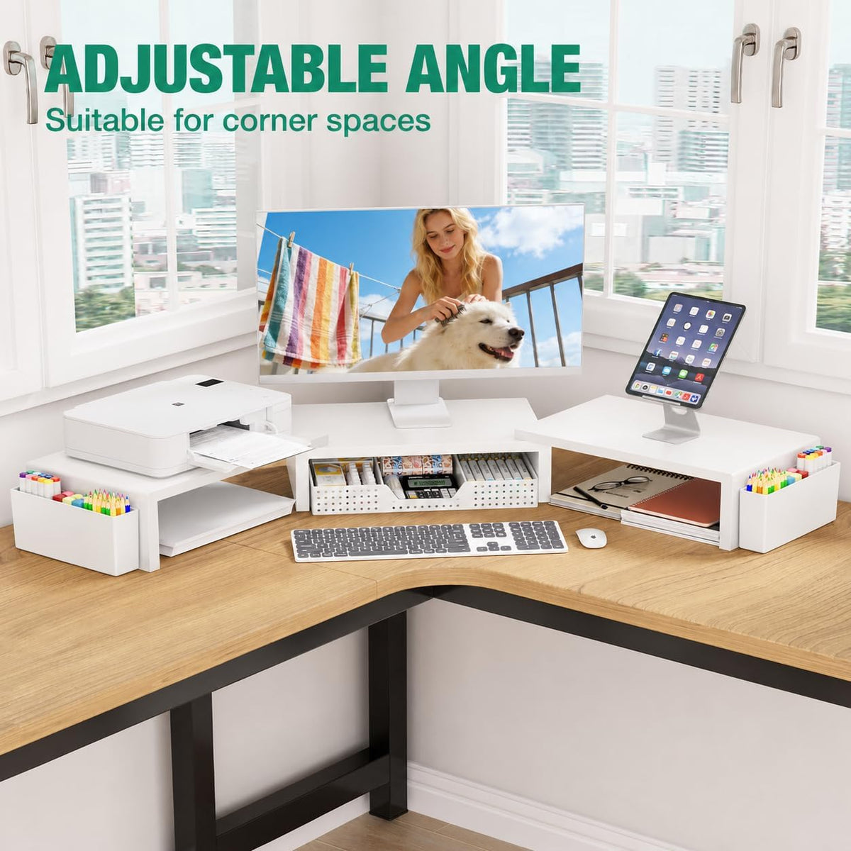 OPNICE Desk Organizer and Accessories, Computer Monitor Stand Riser with Drawer and 2 Pen Holders, Laptop Stand, Office Desk Accessories for Office Supplies, White