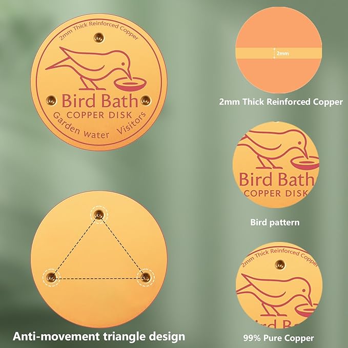 2 Pcs Bird Bath Copper Disk, 2mm Thick Reinforced Copper Cleaning Disk with Triple-Point Support, Purify Water All Year Round, Universal Fit for Outdoor Birdbaths, Bowl