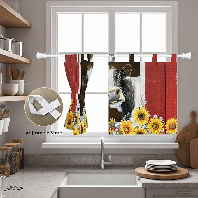 Cows Sunflowers Kitchen Curtains 24 Inch Length, Small Window Curtains Tab Top