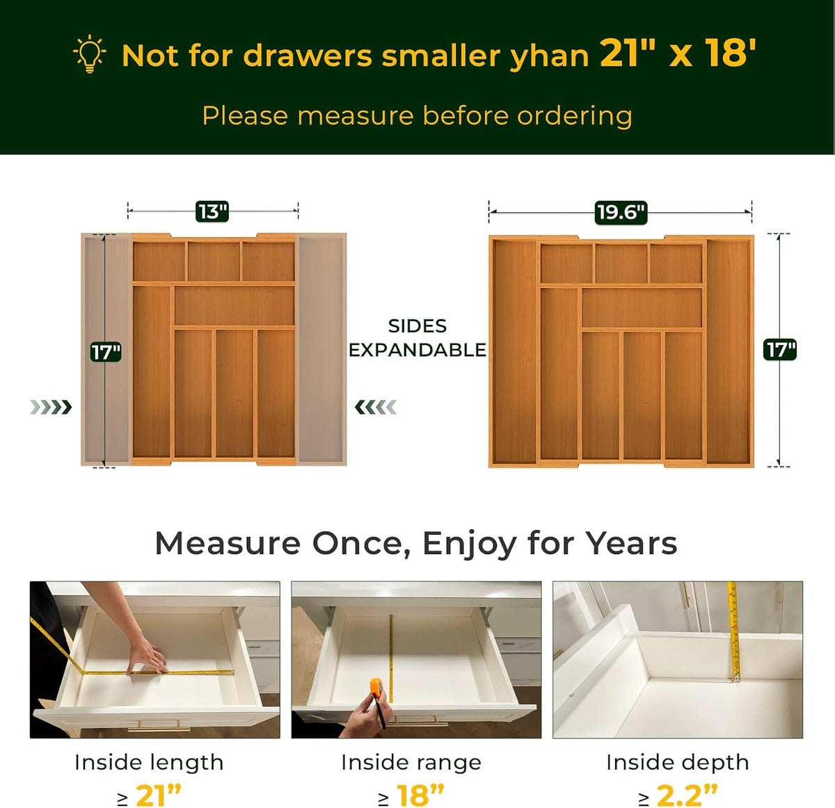 keechee 6-Piece Bamboo Drawer Organizer Set, 2.2" Deep Multi-Use Organizers for Utensils, Silverware, Cutlery, Desk, Bathroom, Junk Drawer & Makeup, Non-Slip Feet Included.