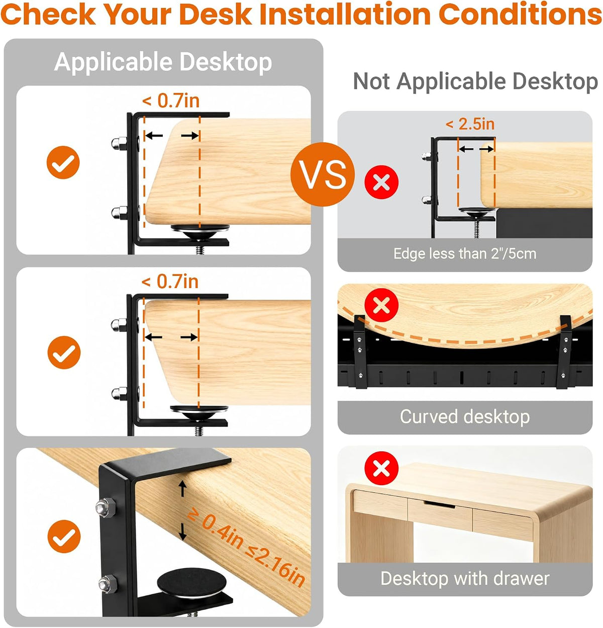 Under Desk Cable Management Tray-No Drill Clamp Moun，Expandable 25.2"–38.6"