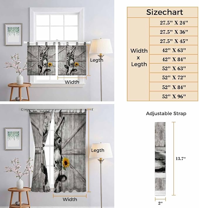 Funny Farm Animals Bedroom Curtains 63 Inch Length, Window Curtains Tab Top