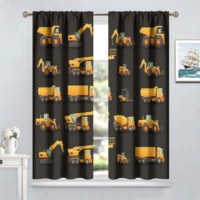 Kids Construction Window Curtains, Construction Machinery Equipment Mode of