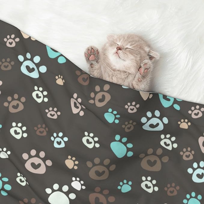 Paw Blanket for Dog Cat - Love Heart Paws Throw Blanket 30x20 Brown Pet Blanket for Couch Sofa Bed
