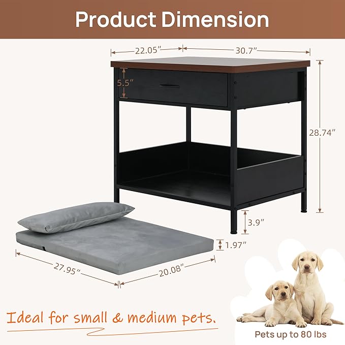 Multi-Functional Dog Bed End Table with Storage Drawer, Open Design Pet Bed with Removable Washable Cushion, Comfortable Resting Spot for Small & Medium Dogs, Indoor Use